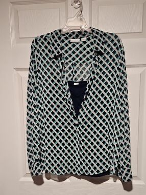 Liz Claiborne Navy, Mint & White Lattice Print Blouse
